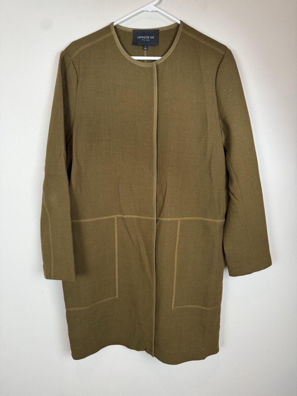 LAFAYETTE 148 100% Wool Snap Button Long Coat Green Brown Cardigan Sz Large